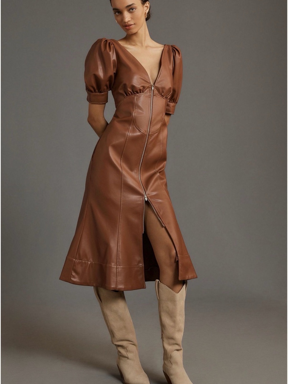 Anthropologie Brown Faux Leather Zip-Front Midi Dress